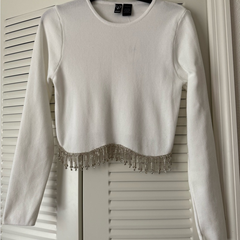 White Beaded Fringe Long Sleeve Top